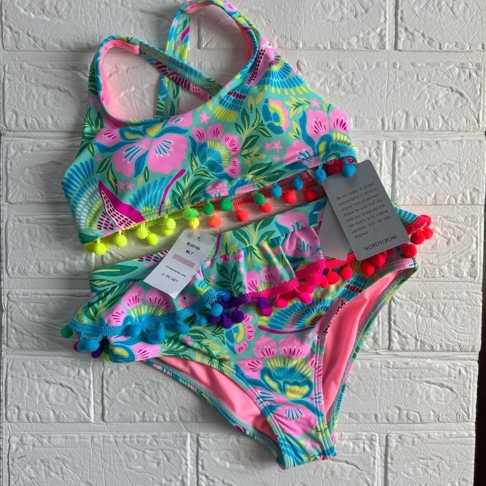 New Kids' Tropical Ruffle Pompom 2-Piece Bikini Set Beach Lingo Big Kid Size 10